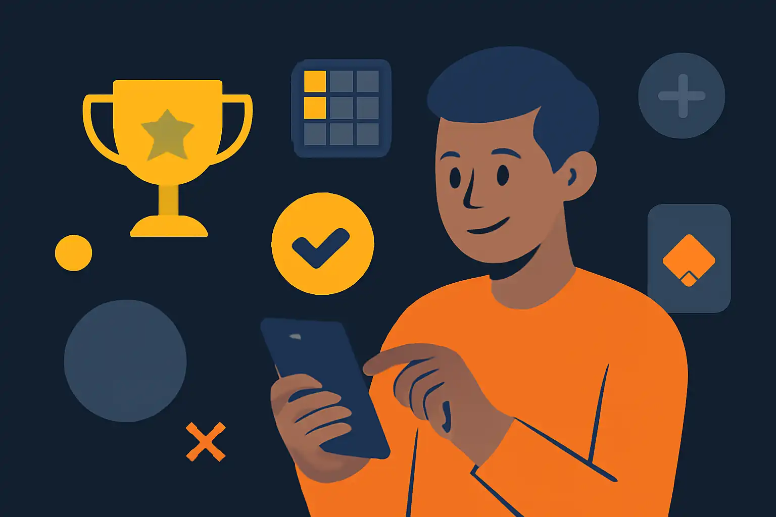Hero illustration: Yaar Win, modern flat design, dark background, brand-neutral, icons and shapes only, no text