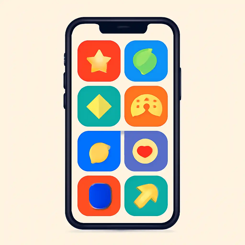 Smartphone shown from the front displaying a colourful flat layout of abstract game icons and rounded tiles (no text, no letters, no labels), Yaar Win