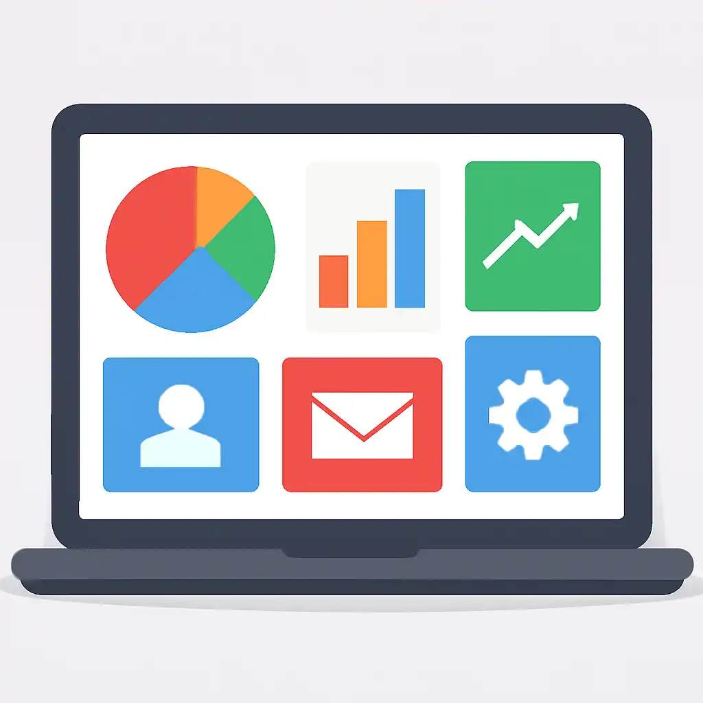 Laptop shown from the front displaying a colourful flat dashboard of abstract charts, bars and icon tiles (no text, no letters, no labels), Yaar Win
