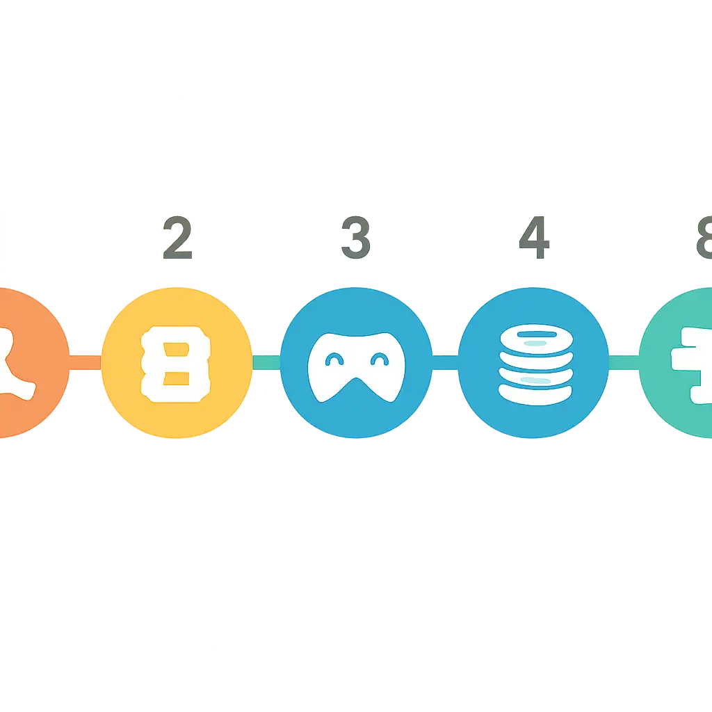 Five numbered circular icons connected by arrows in a horizontal flow, flat illustration, icons only, no words, Yaar Win steps